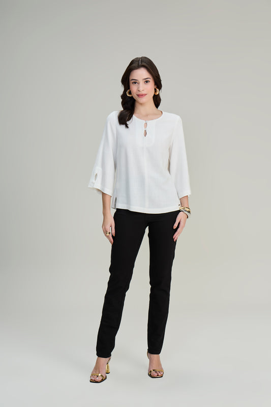 blusa viscose manga 3/4 com abertura