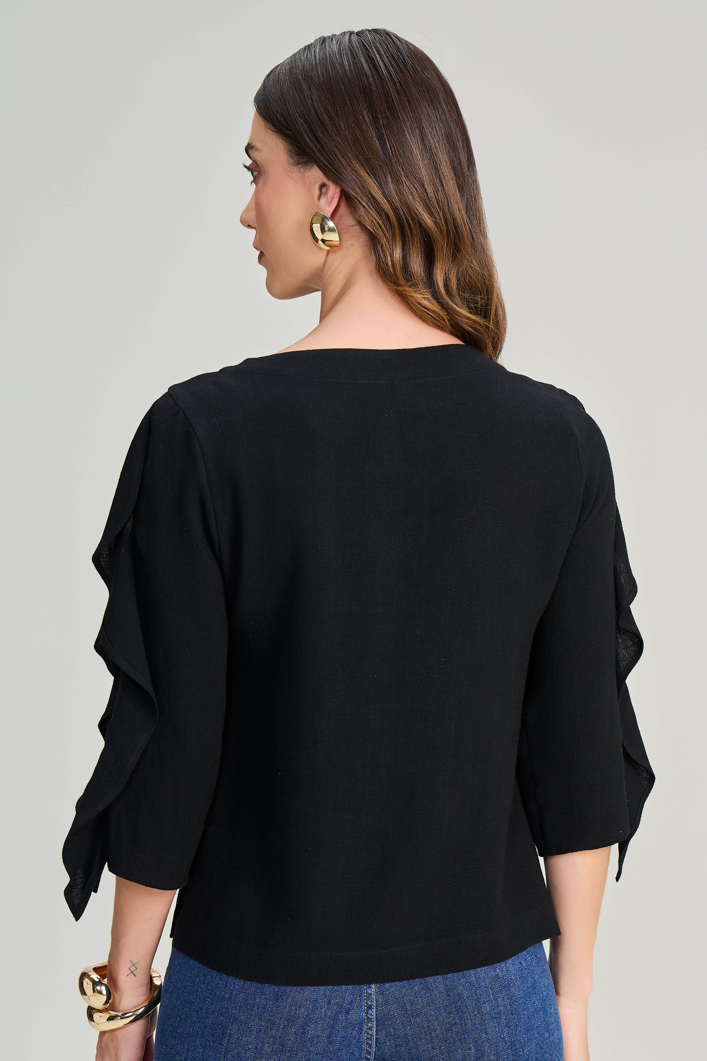 blusa viscose manga 3/4 com babado