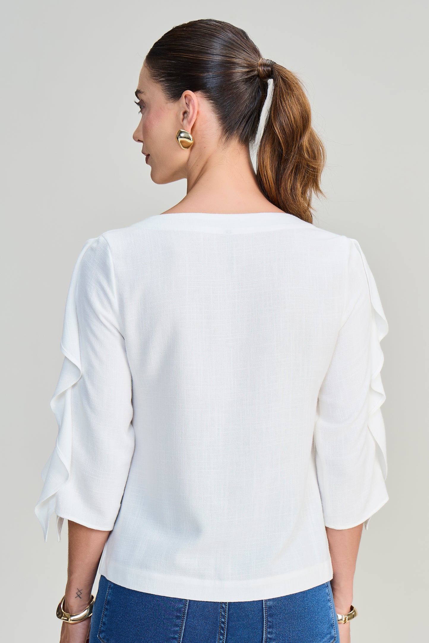 blusa viscose manga 3/4 com babado
