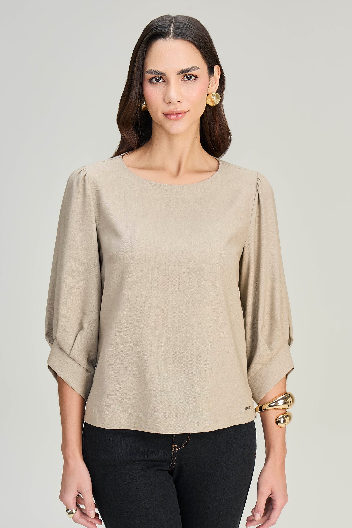 blusa viscose manga 3/4 com pregas