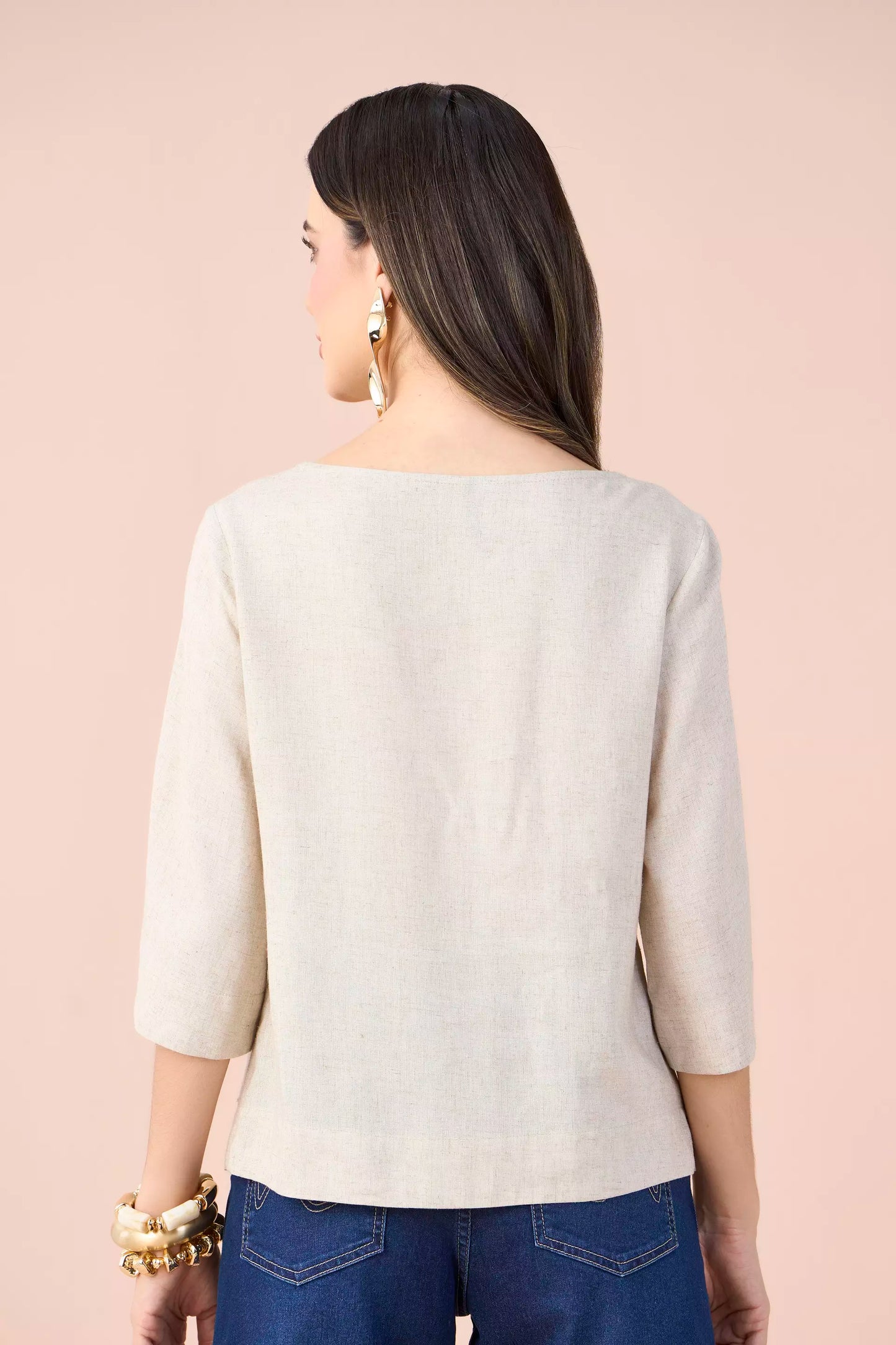 blusa viscose manga 3/4 com detalhe meia argola
