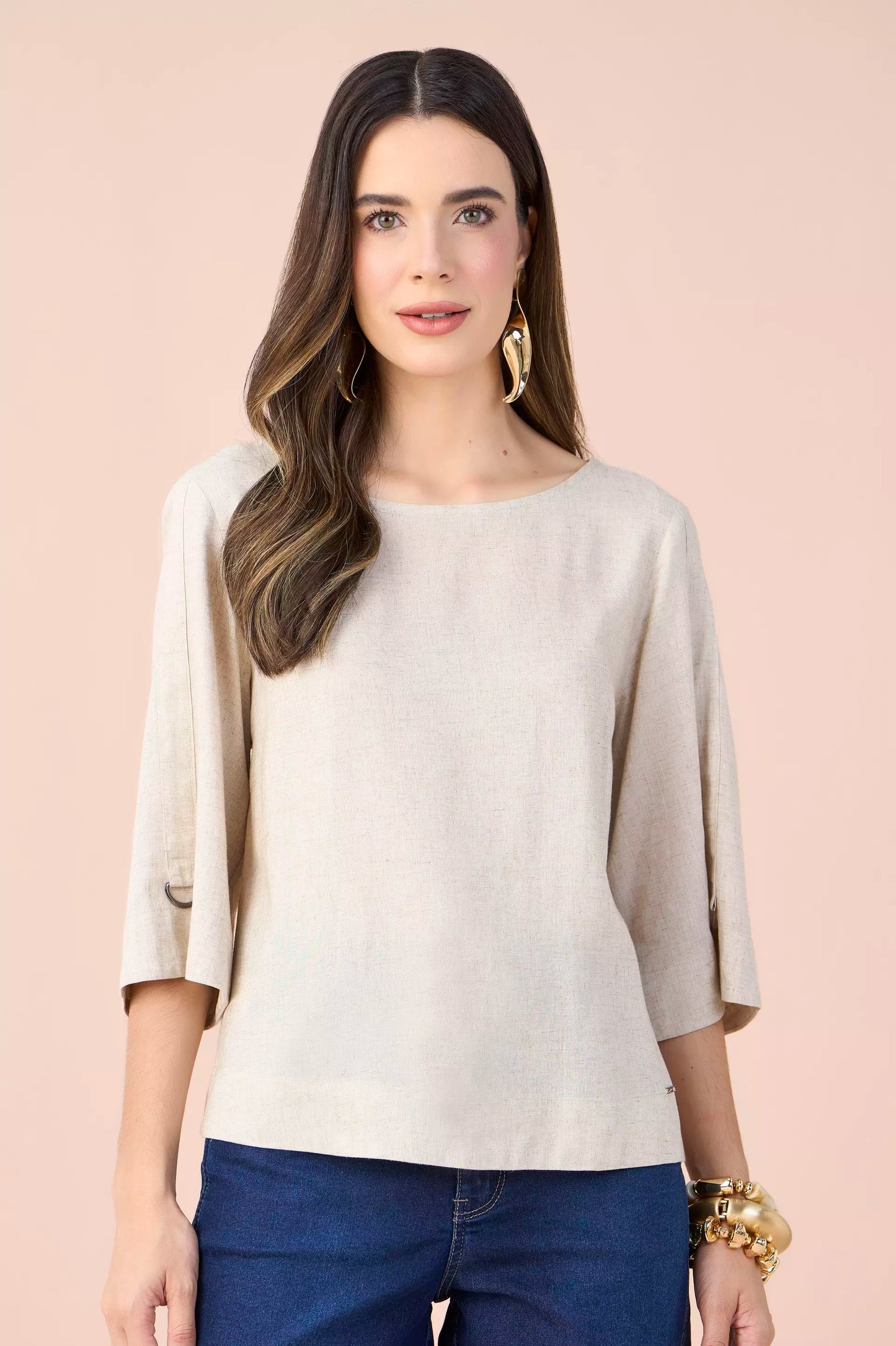 blusa viscose manga 3/4 com detalhe meia argola