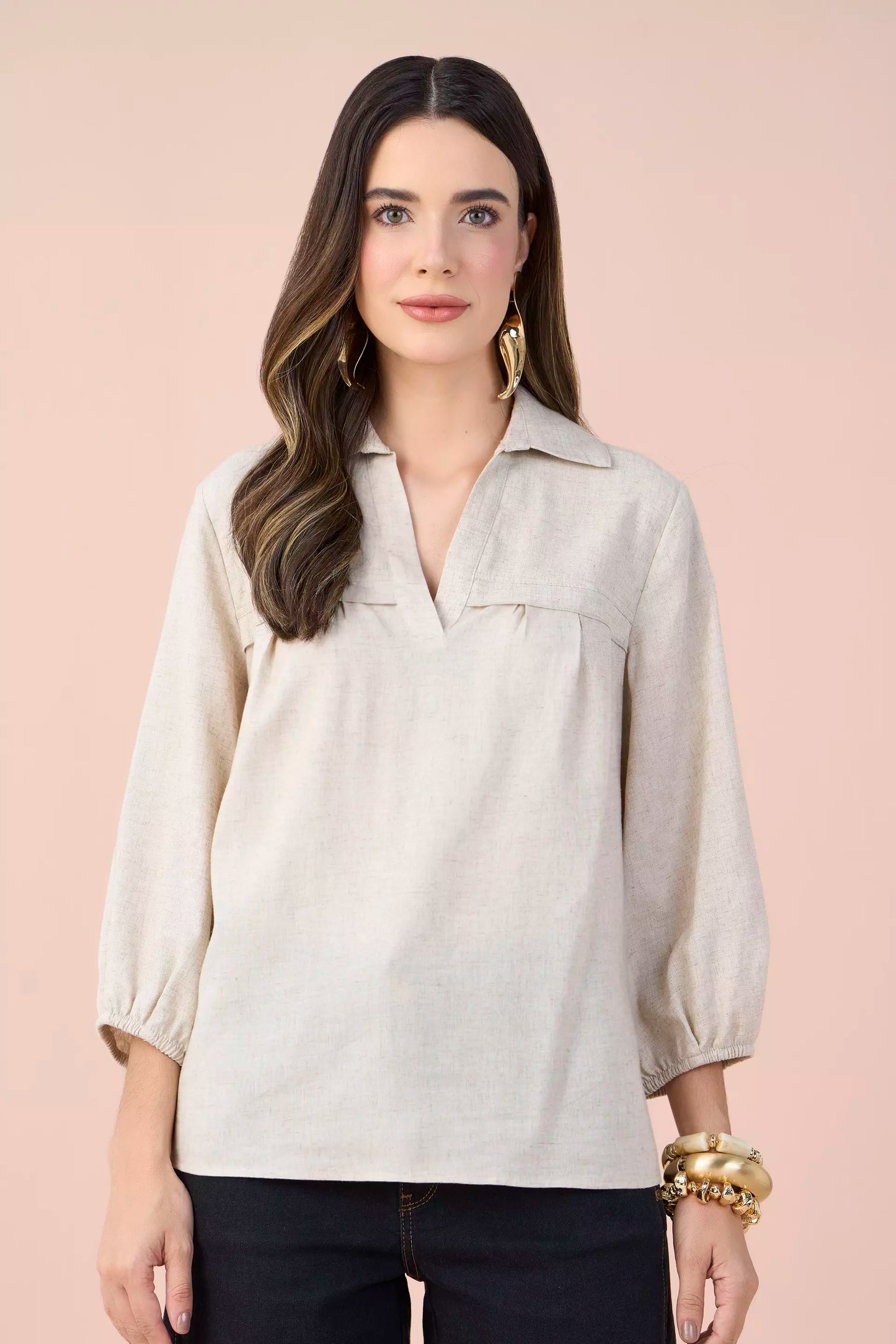 blusa viscose manga 3/4 recorte com pregas