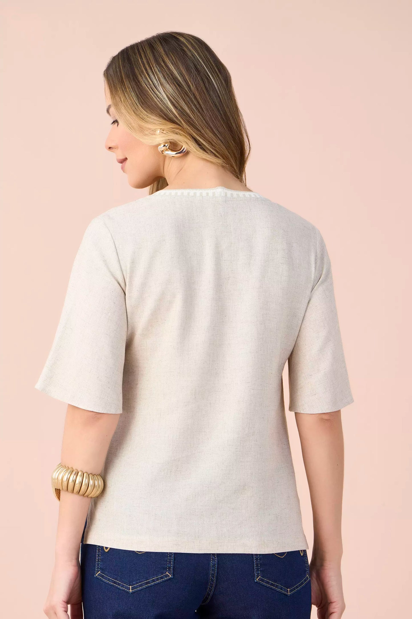 blusa viscose manga curta com bolso e tricot