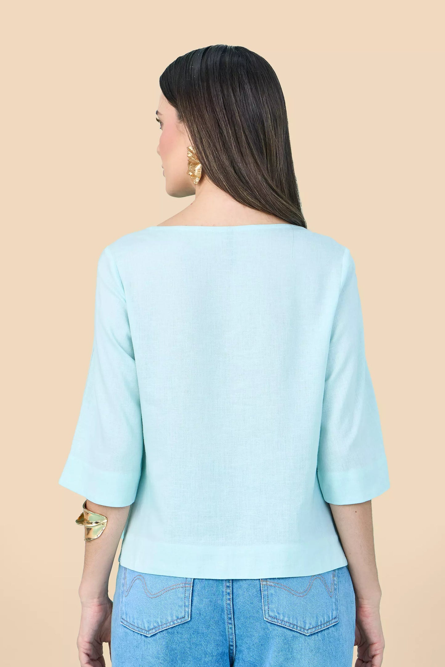 blusa viscose manga 3/4 com detalhe meia argola