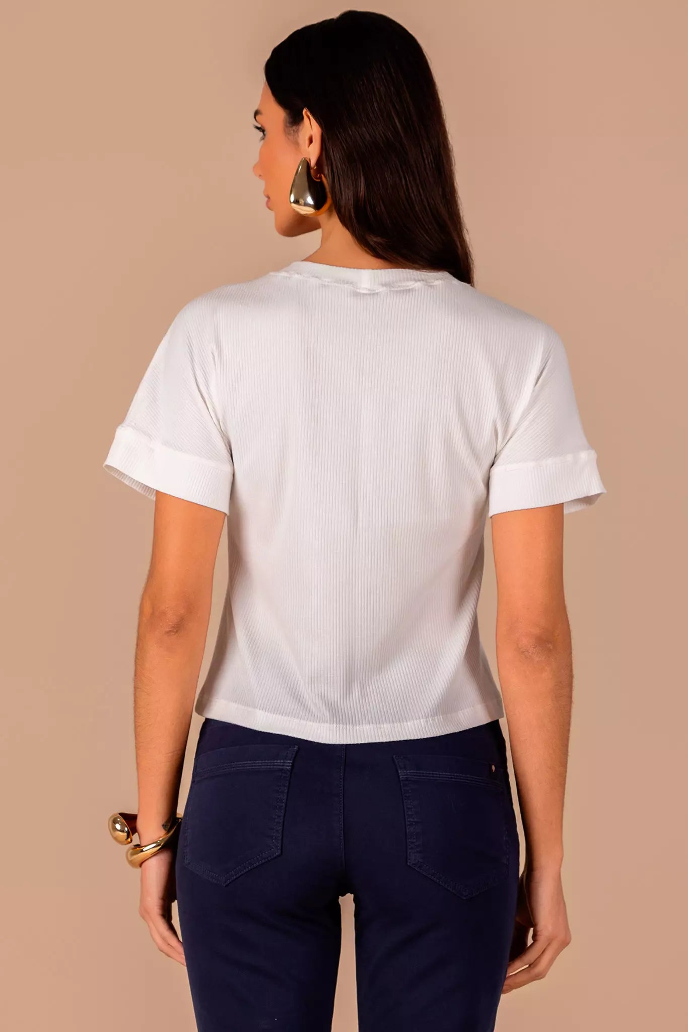 t-shirt malha manga curta estampada com mix de tecidos