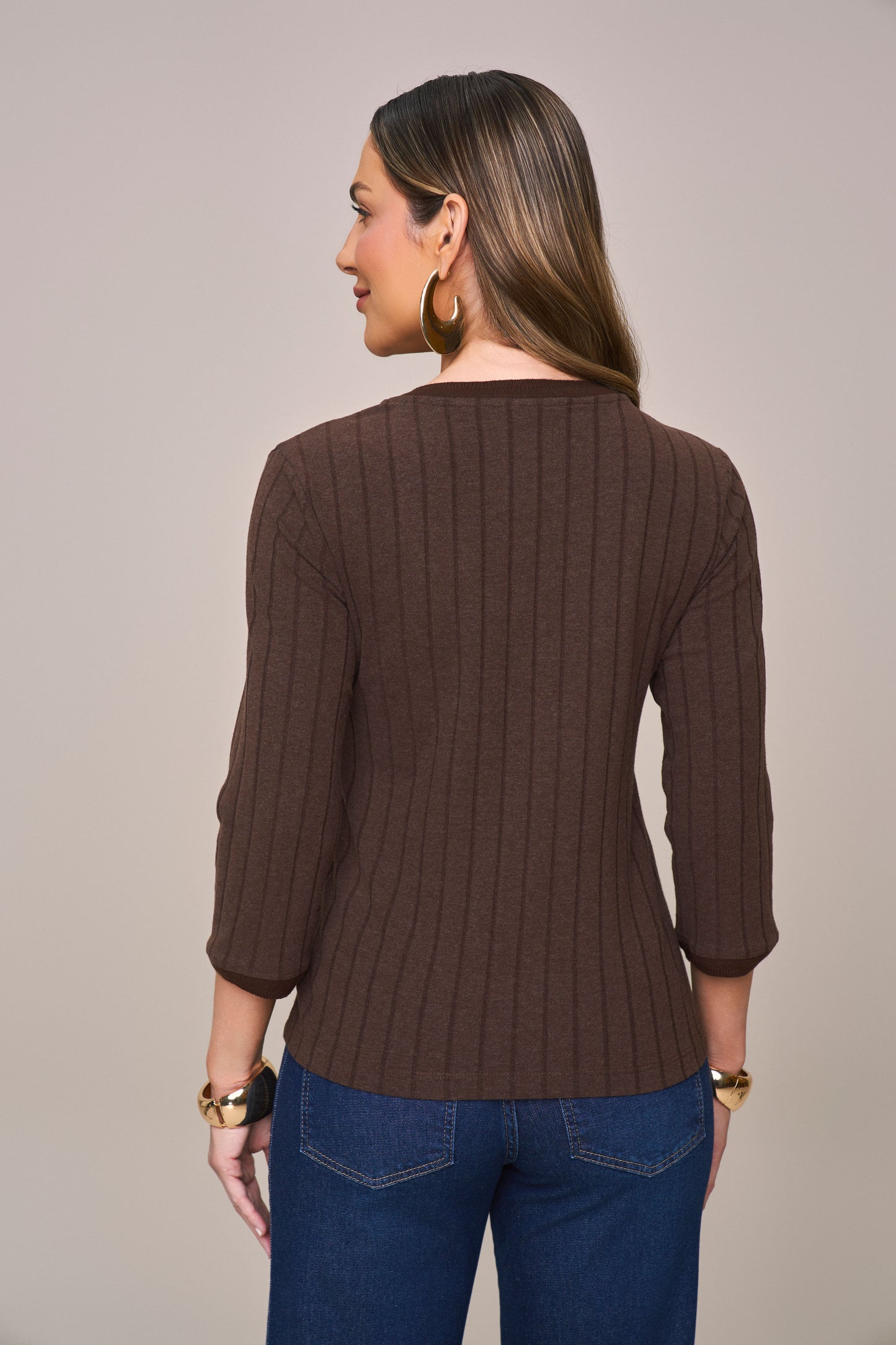 blusa malha canelada manga 3/4 com tricot