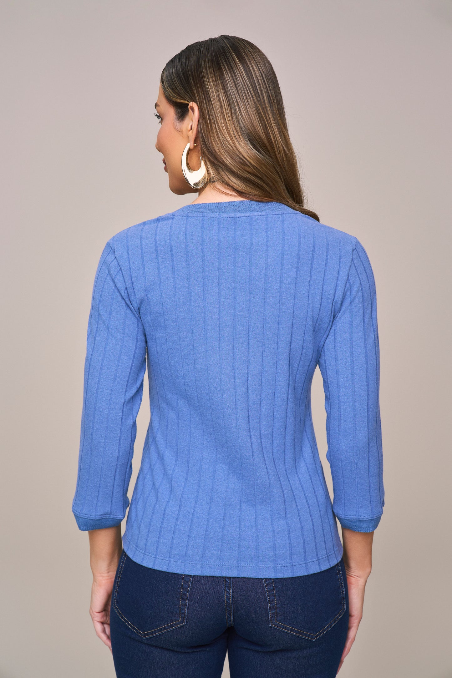 blusa malha canelada manga 3/4 com tricot
