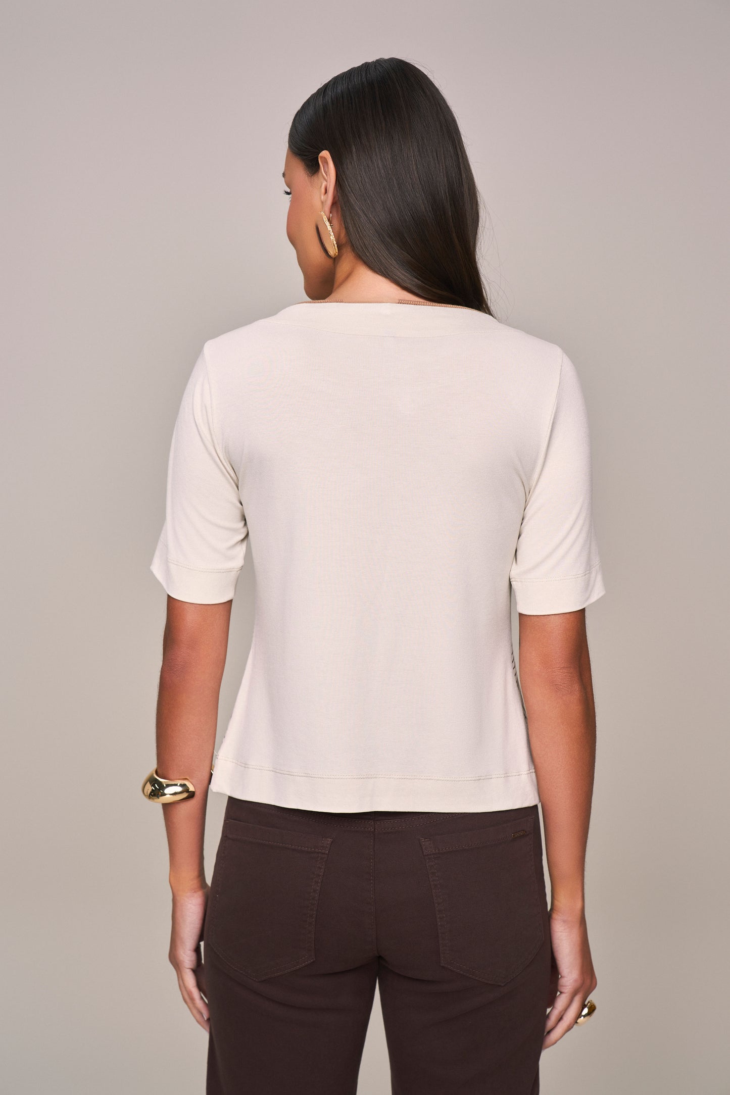 t-shirt malha manga curta estampada com tricot