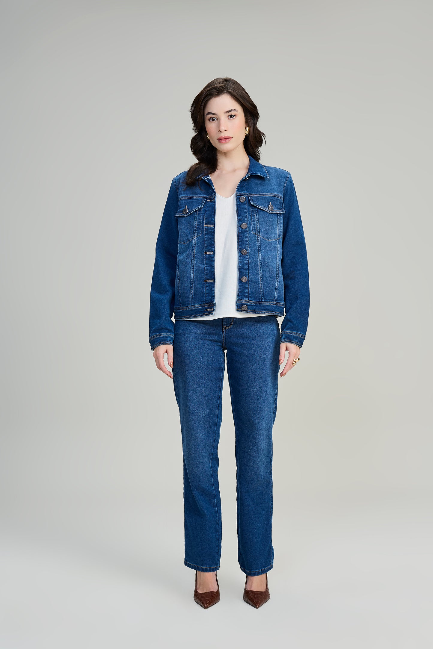 jaqueta jeans malha manga longa tradicional com bolsos
