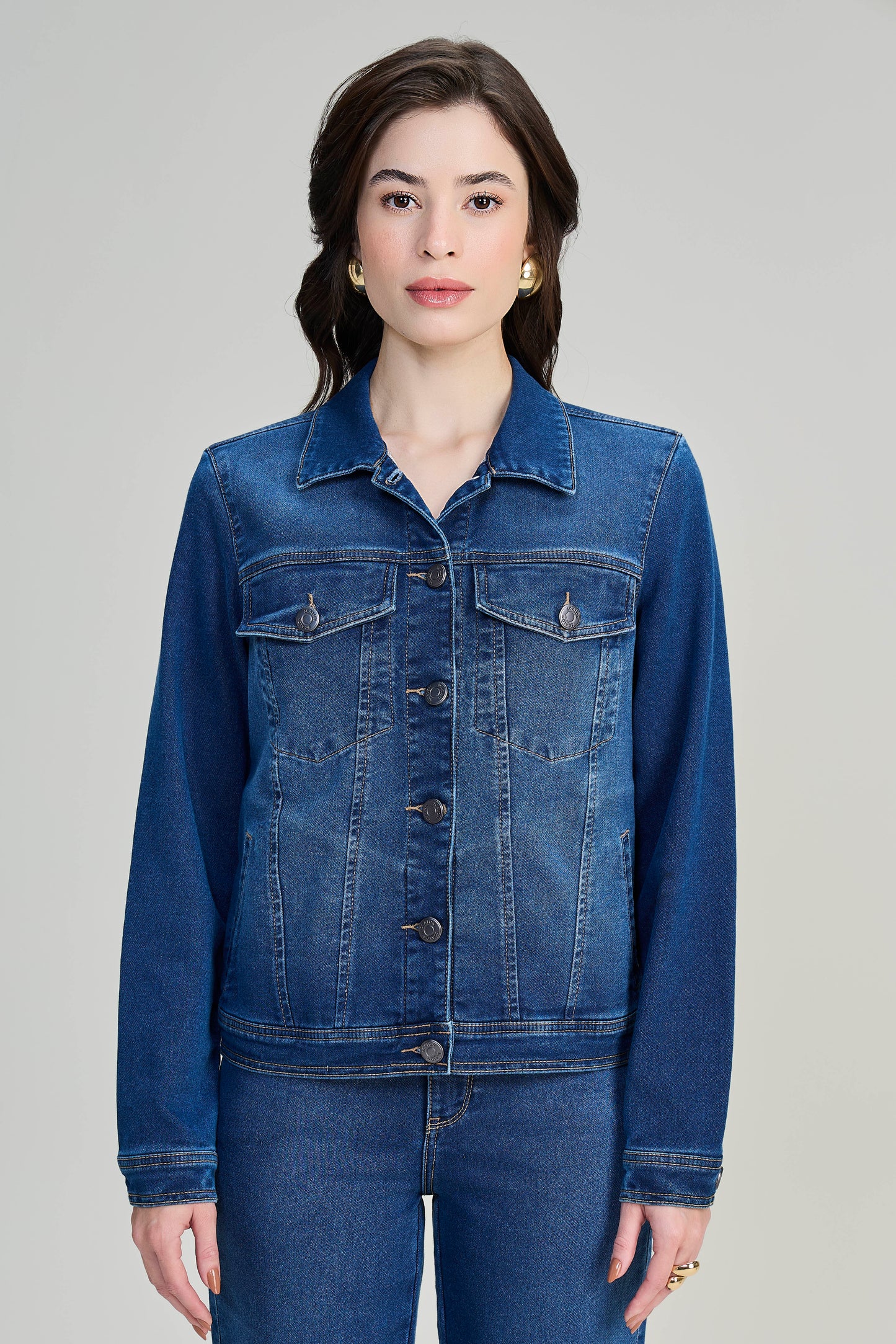 jaqueta jeans malha manga longa tradicional com bolsos