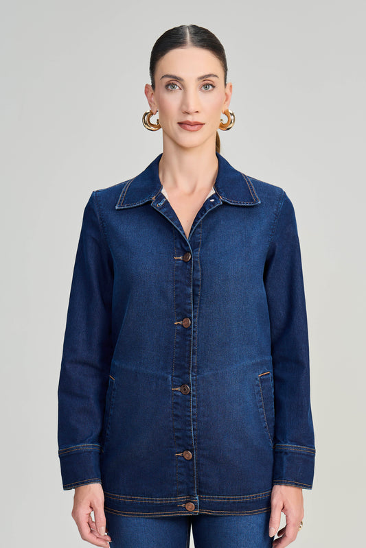 jaqueta jeans manga longa forrada com bolsos embutidos