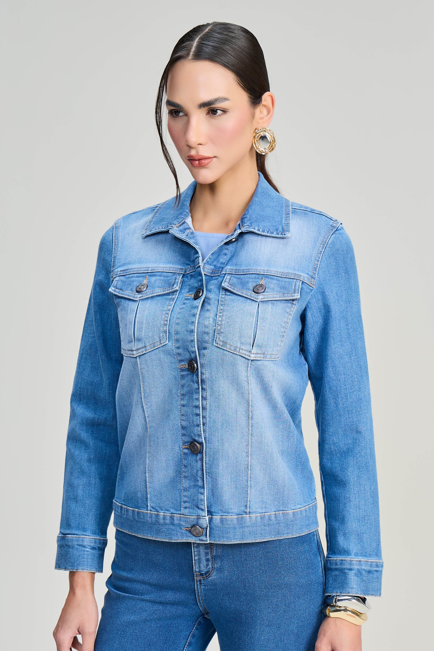 jaqueta jeans manga longa com nervuras