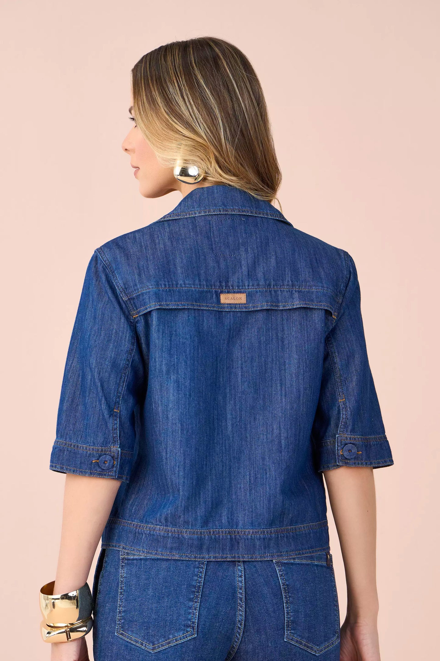 jaqueta jeans manga 3/4 com nervuras