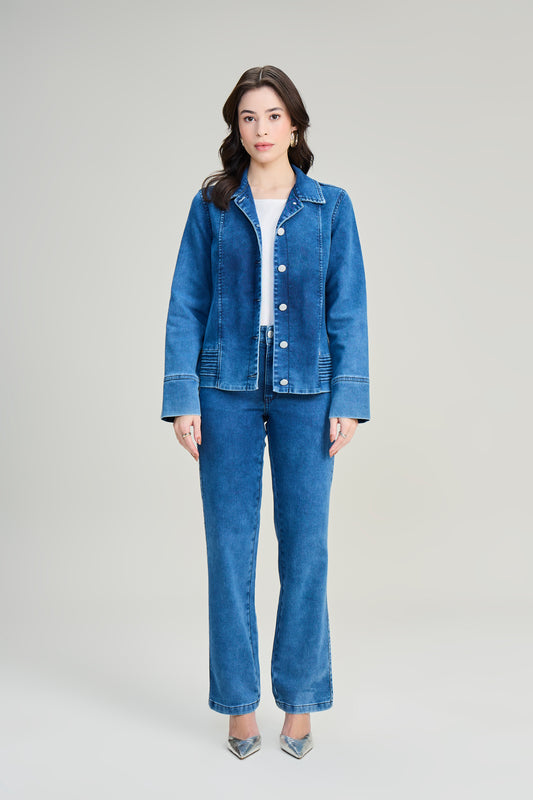 casaco jeans malha manga longa com bordado
