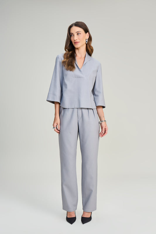 conjunto viscose blusa manga 3/4 com transpasse e calça reta com elástico