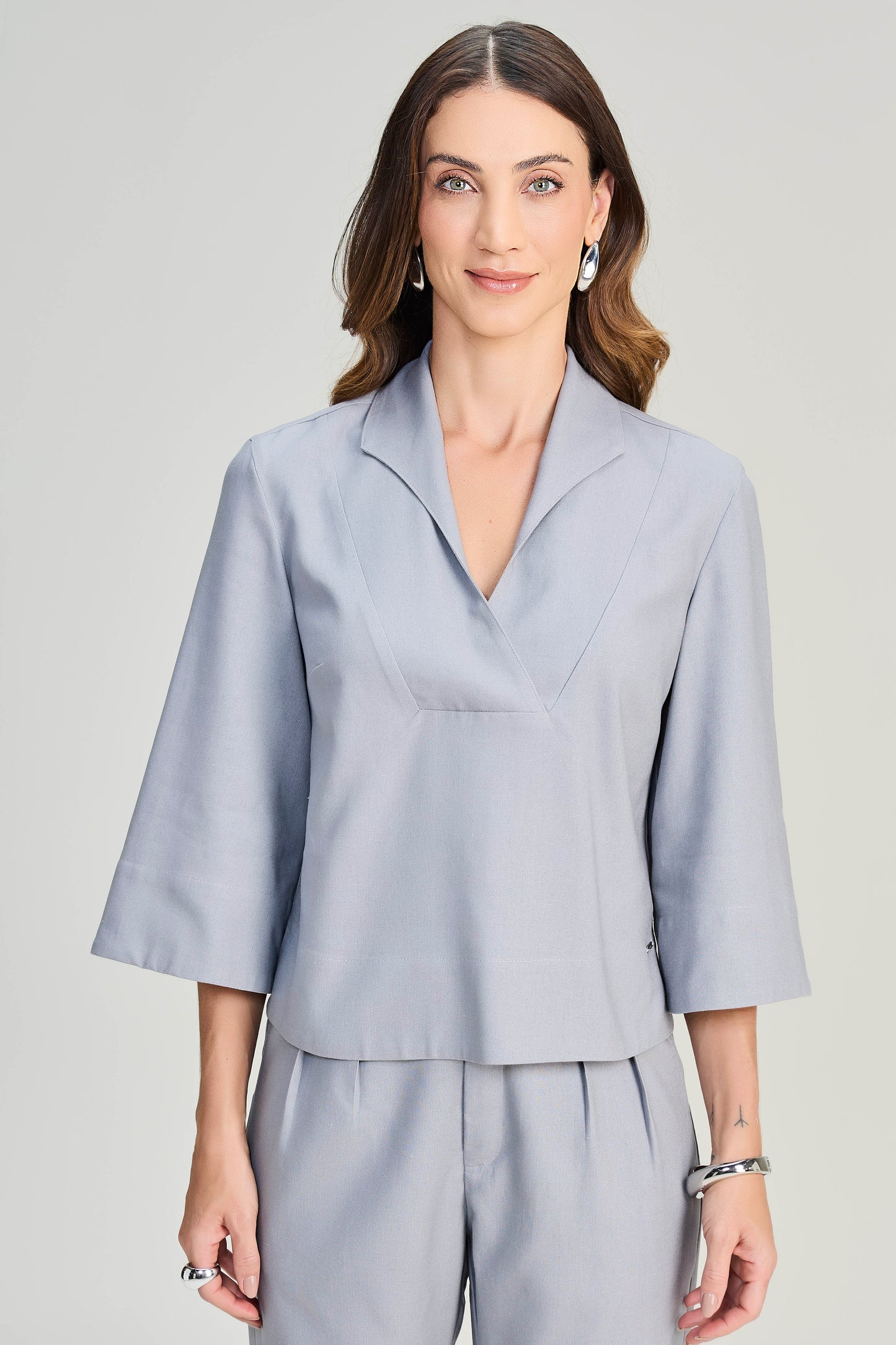 conjunto viscose blusa manga 3/4 com transpasse e calça reta com elástico