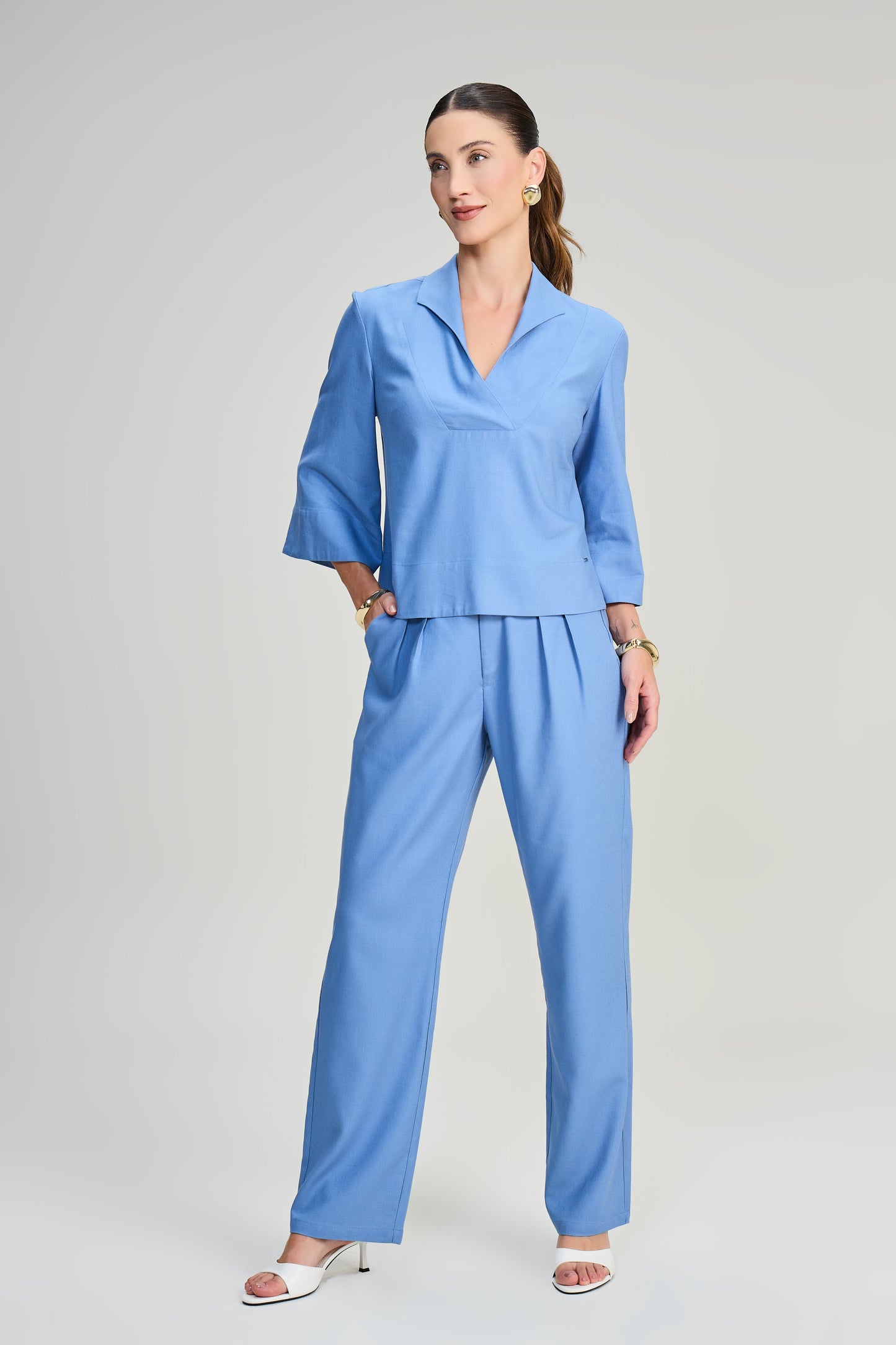 conjunto viscose blusa manga 3/4 com transpasse e calça reta com elástico