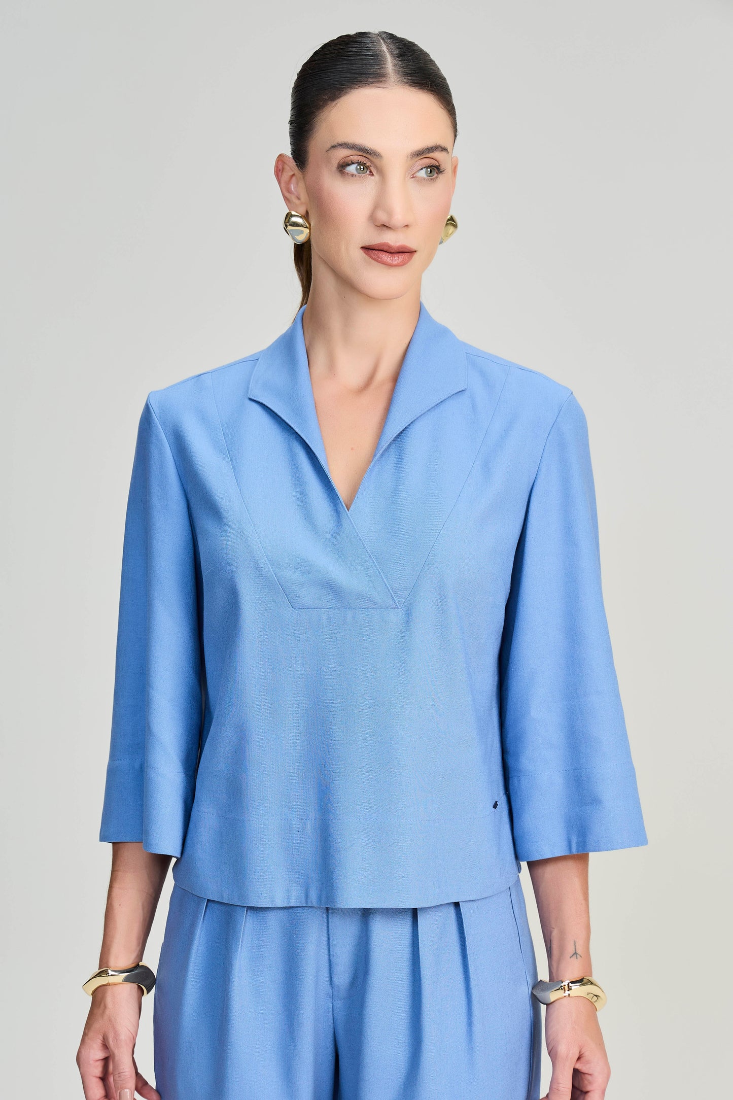 conjunto viscose blusa manga 3/4 com transpasse e calça reta com elástico
