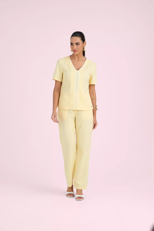 conjunto viscose blusa manga curta e calca reta cintura intermedíaria