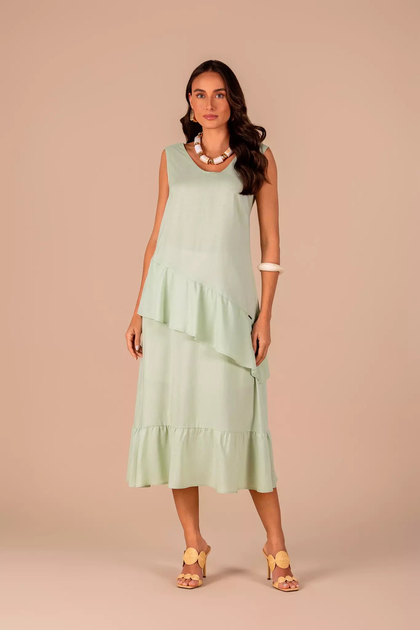 vestido viscose longuete alça larga com babados