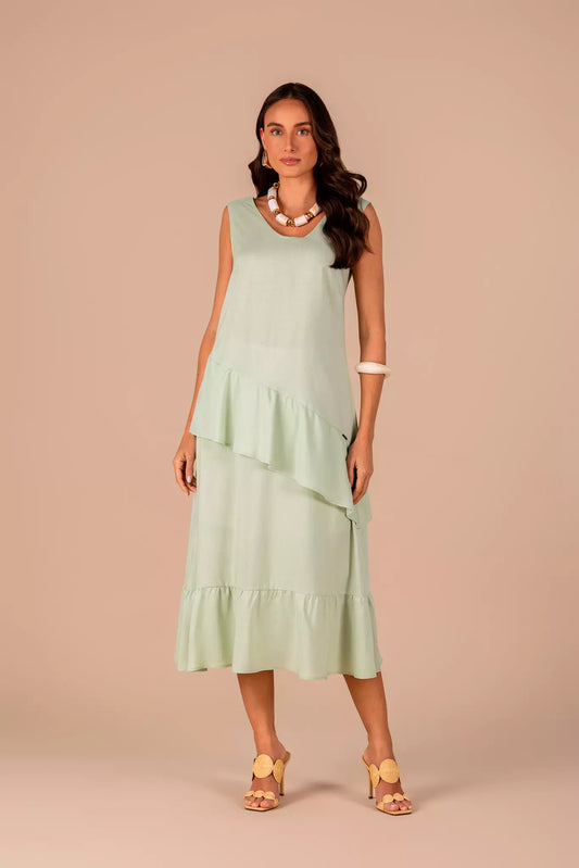 vestido viscose longuete alça larga com babados