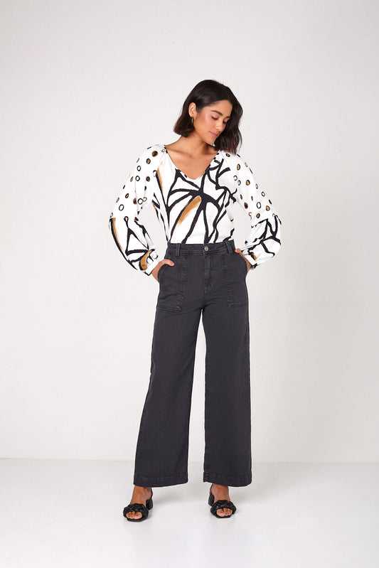 calça sarja wide leg cintura alta vintage