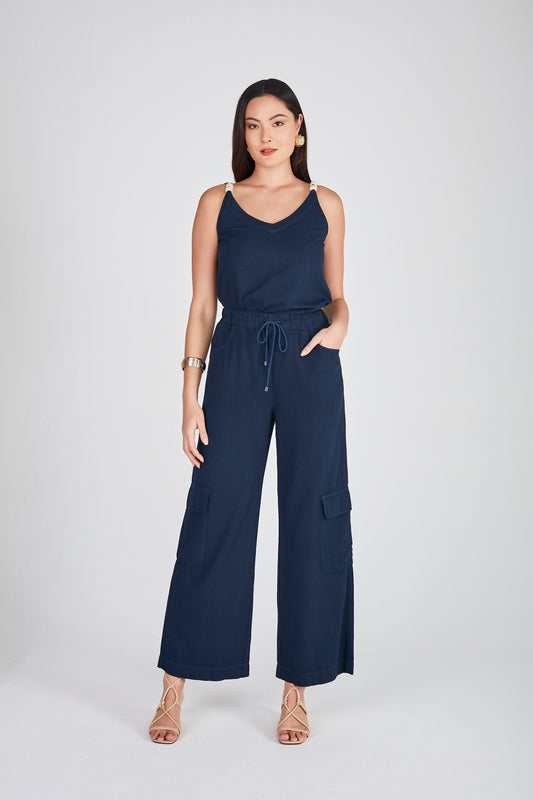 calça sarja pantalona cintura intermediária com bolsos sobrepostos