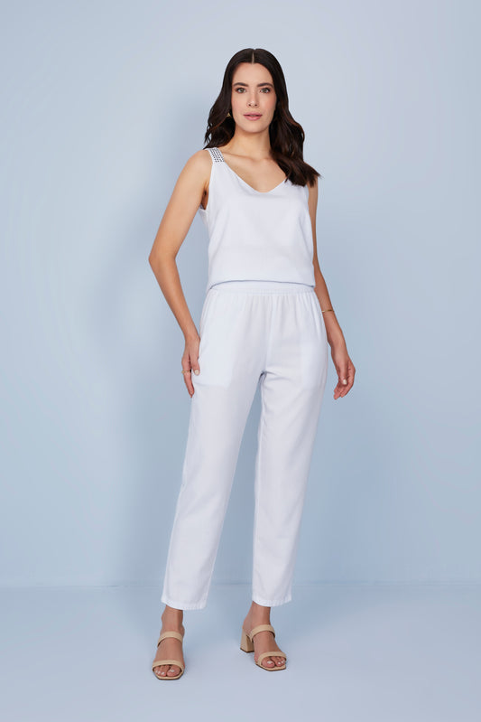 calça sarja mom cintura intermediária com cós de elástico