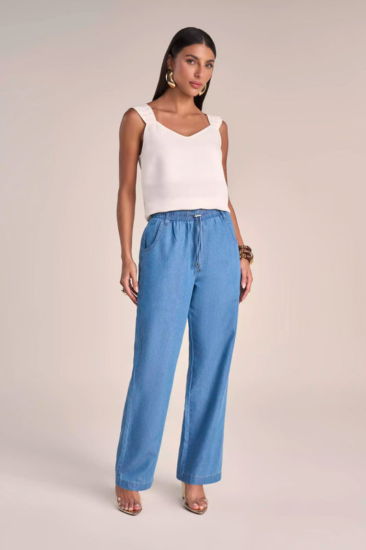 Calça Jeans Wide Leg Cintura Intermediária Cós de Elástico com Ajustador