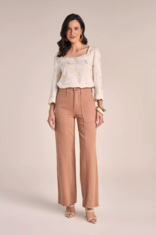 Calça Sarja Color Wide Leg Cintura Intermediária com Recortes