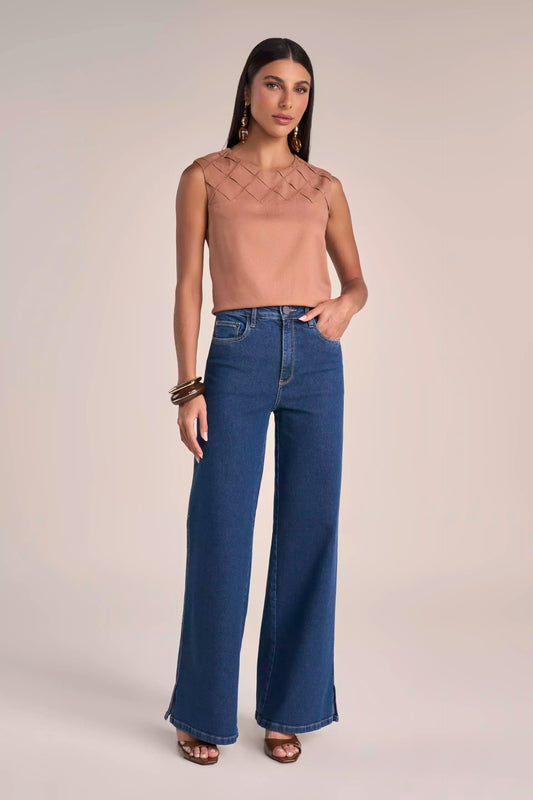 Calça Jeans Wide Leg Cintura Intermediária com Abertura