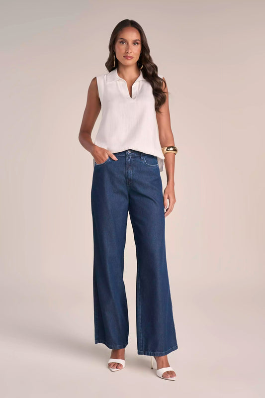 Calça Jeans Wide Leg Cintura Intermediária com Nervuras