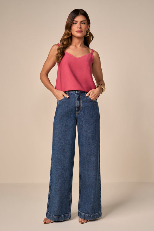 calça jeans wide leg cintura intermediária cós de elástico