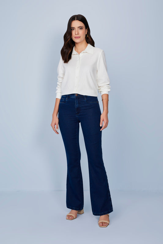 calça jeans malha boot cut cintura intermediária