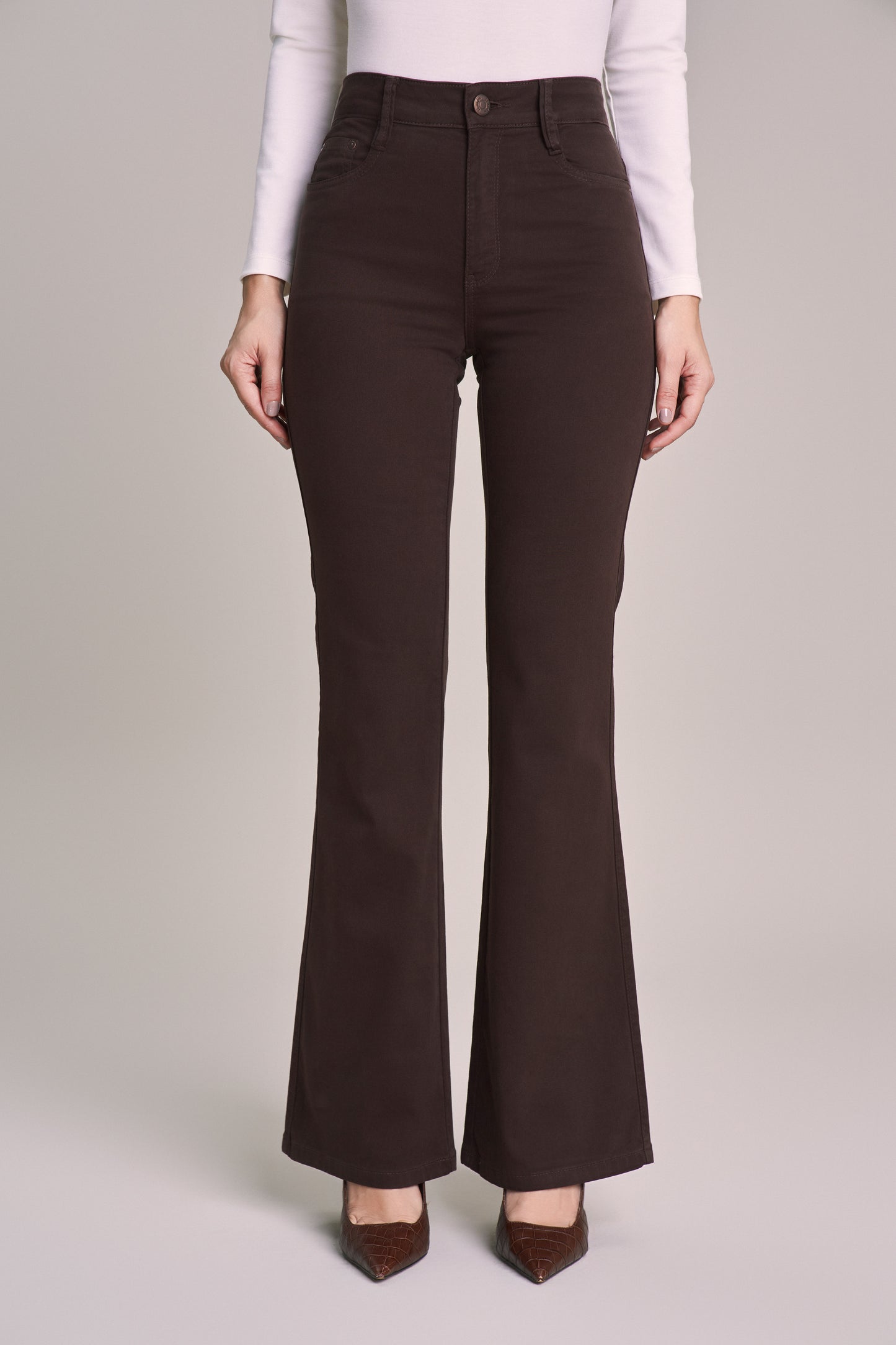 calça malha color flare cintura intermediária tradicional