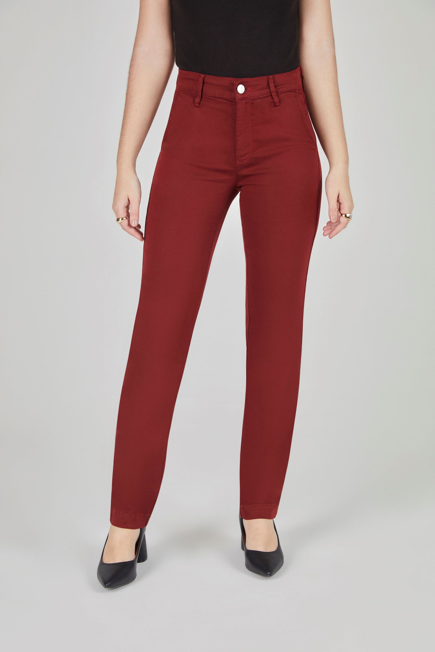 calça sarja color reta cintura intermediária alfaiataria