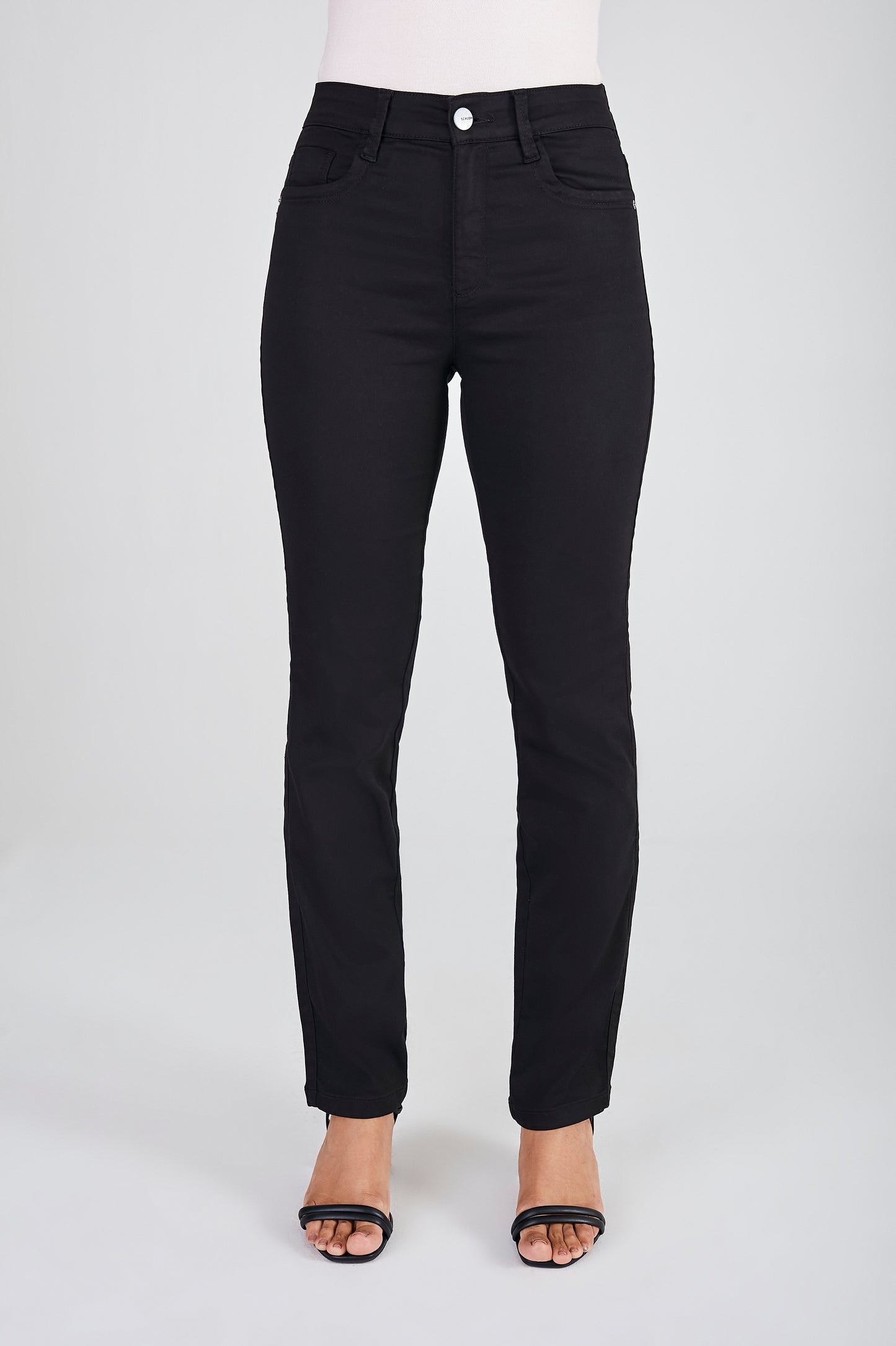 calça sarja color reta cintura intermediária básica