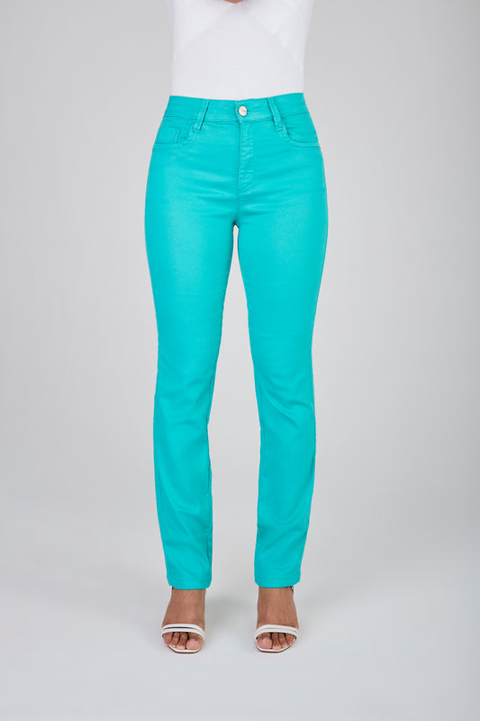 calça sarja color reta cintura intermediária básica