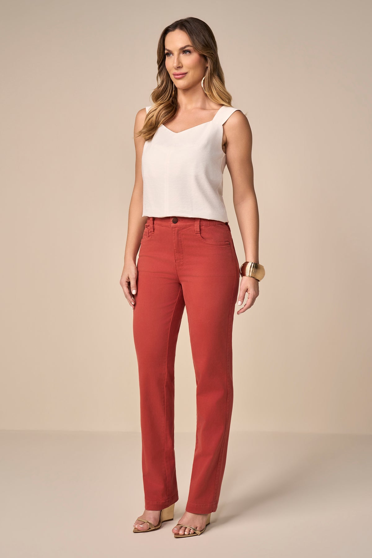 calça malha color reta cintura intermediária cós de elástico
