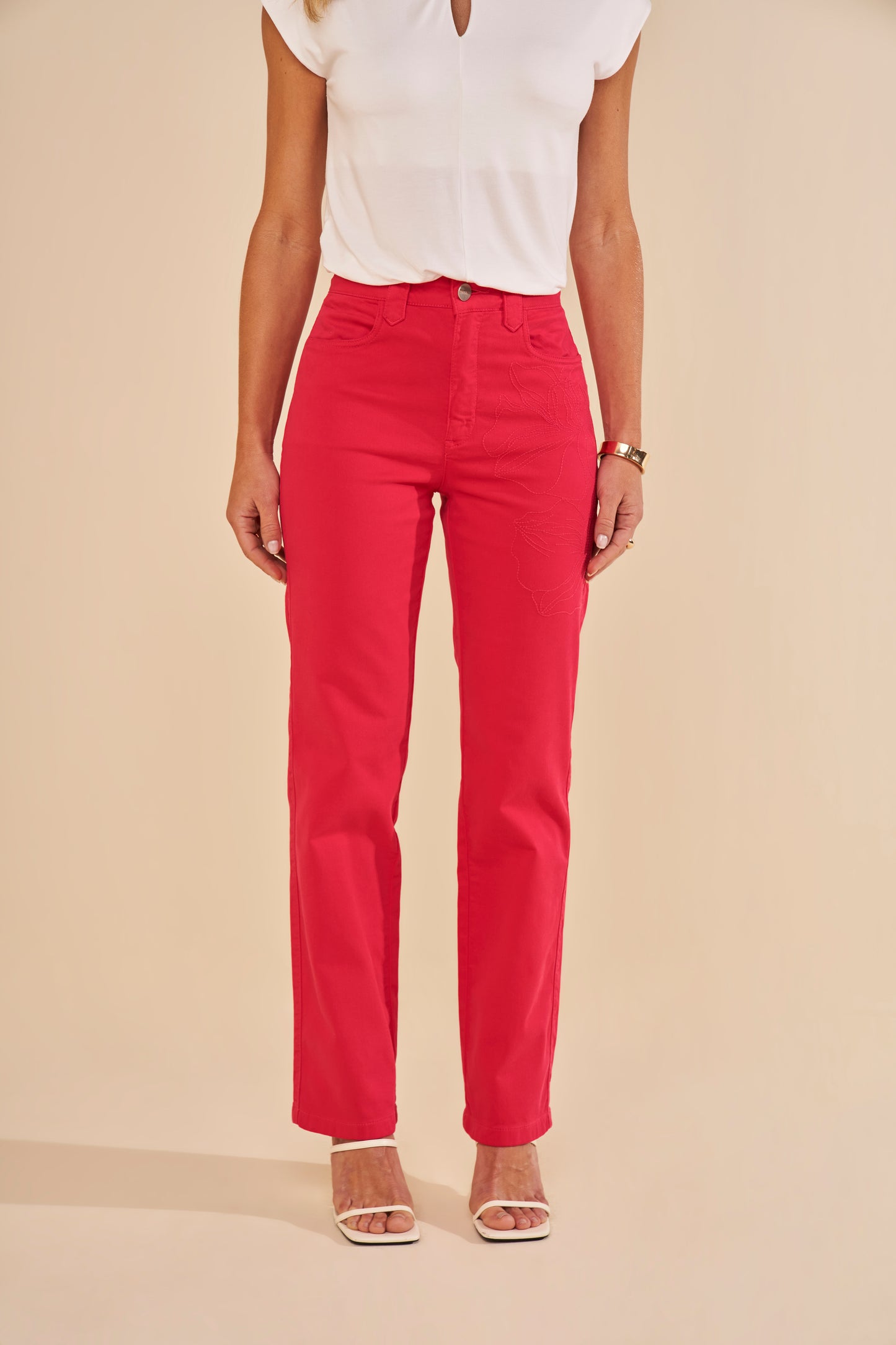 calça malha color reta cintura intermediária com bordado