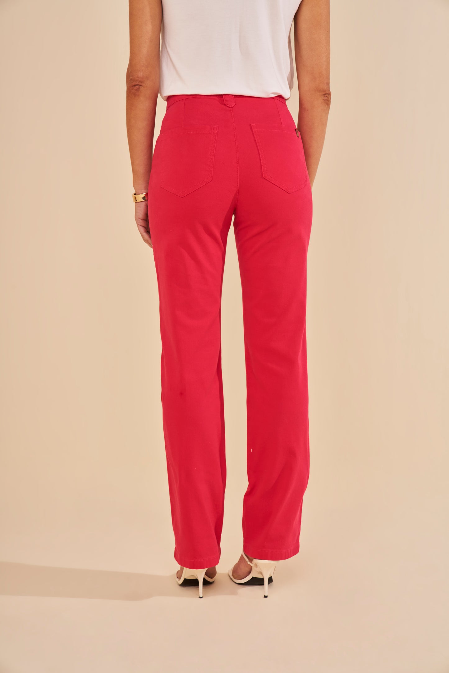calça malha color reta cintura intermediária com bordado