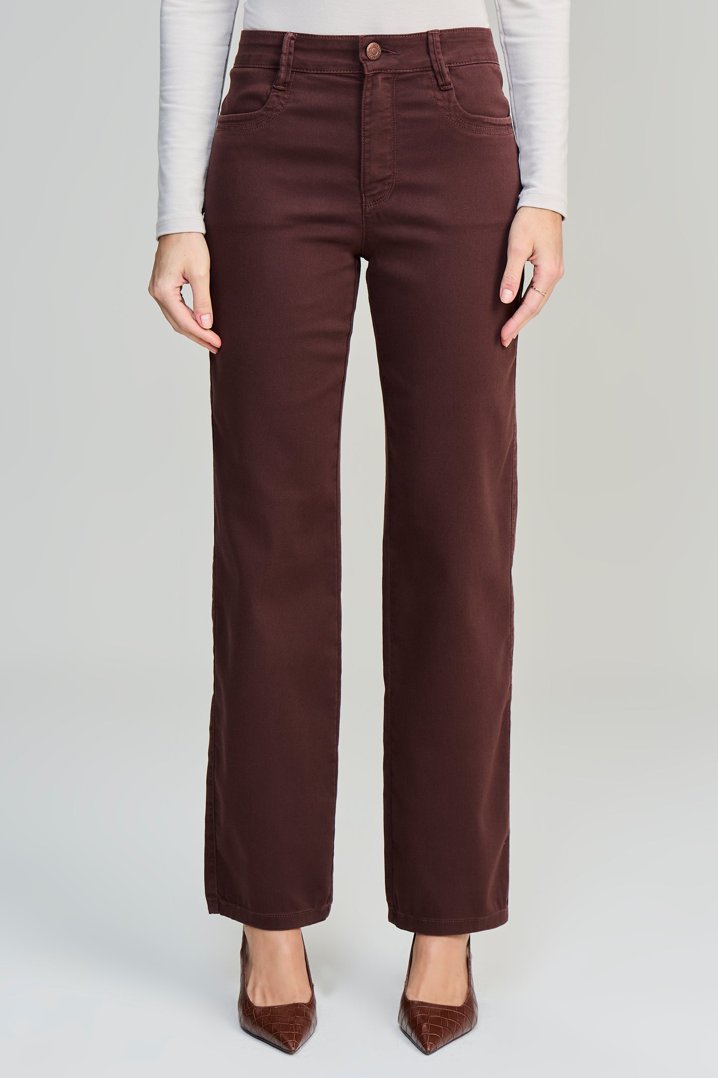 calça  sarja color reta cintura intermediária básica