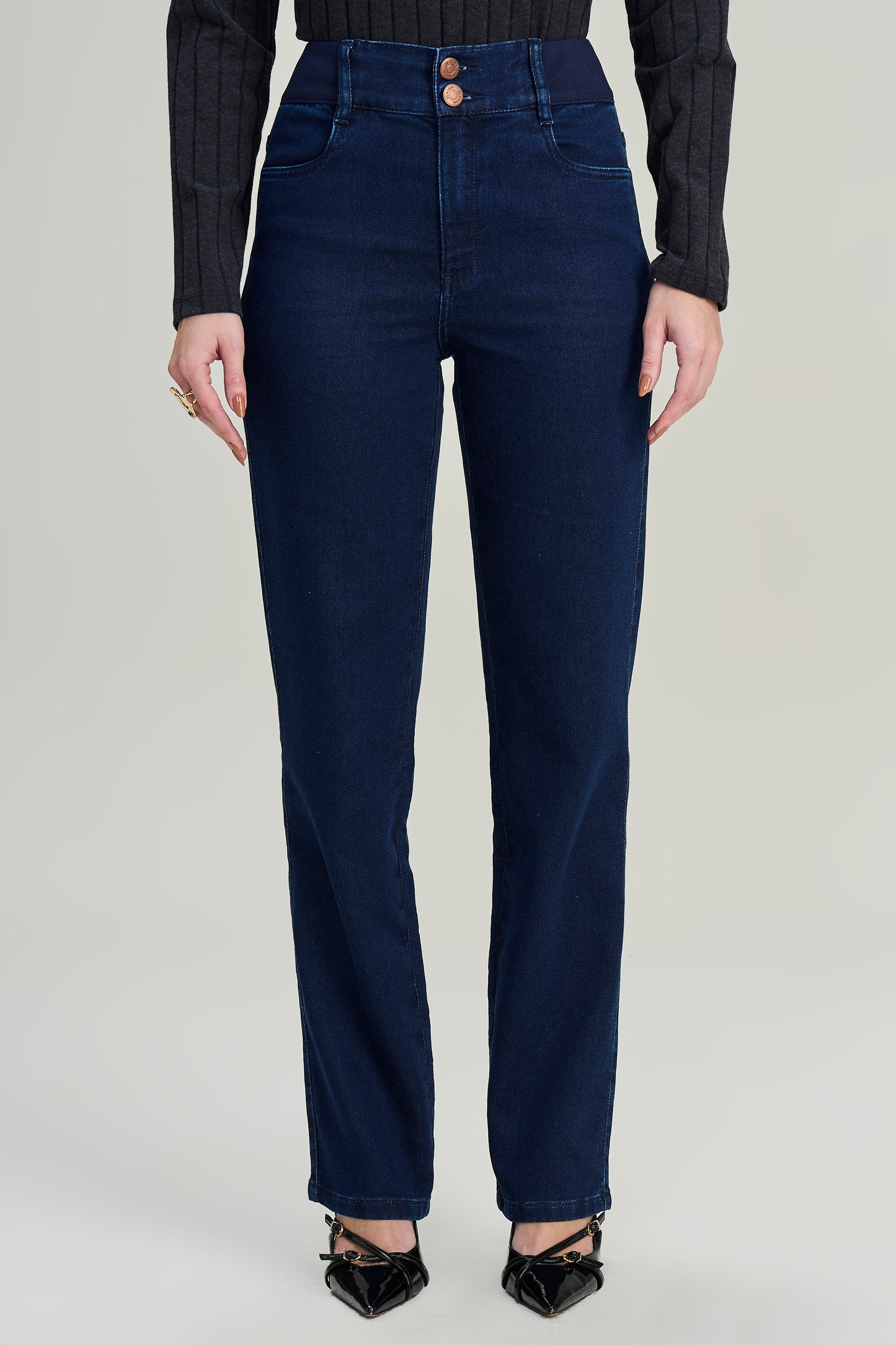 calça jeans malha reta cintura intermediária cós de tricot