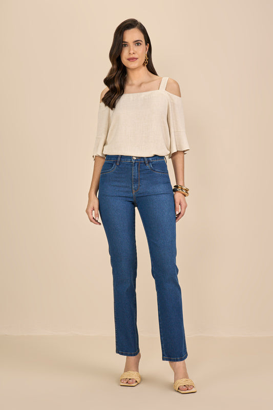 calça jeans reta cintura intermediária