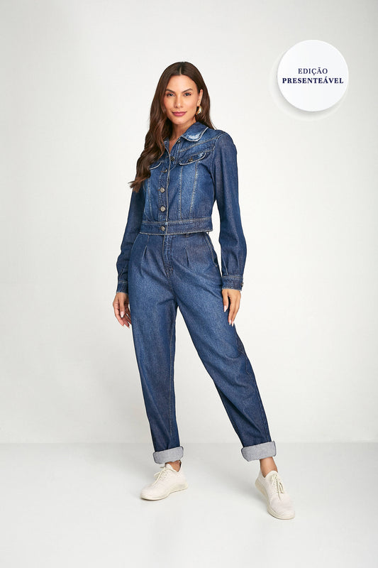 calça jeans mom cintura alta com elástico no cós