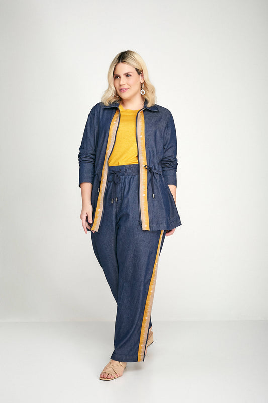 calça jeans pijama cintura intermediária com galão