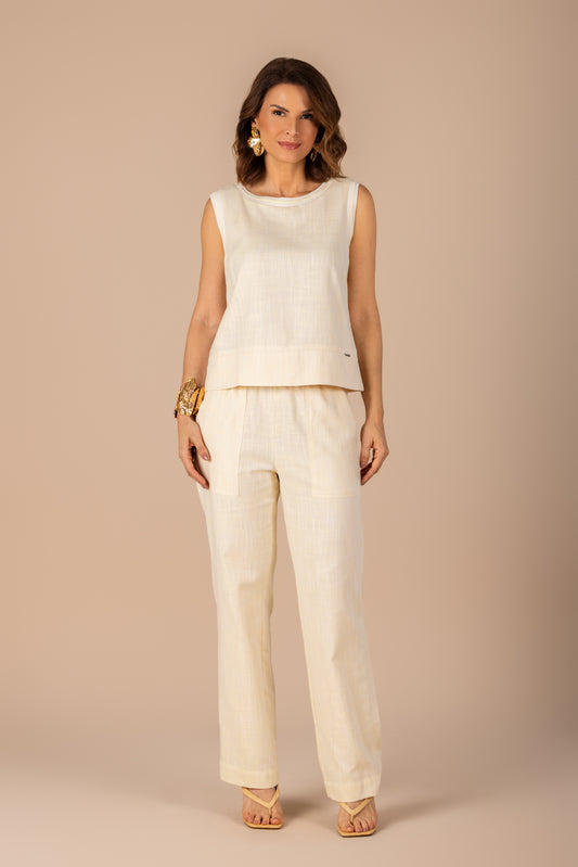 calça algodão  reta cintura intermediária com cós de elástico