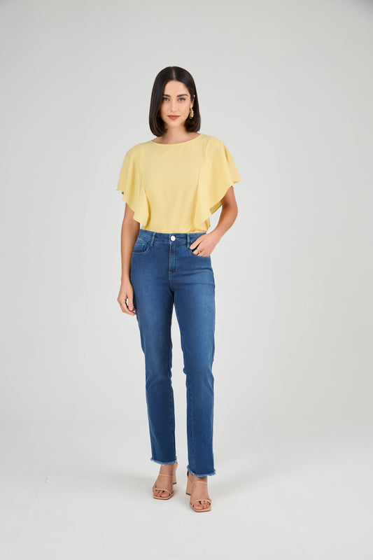 calça jeans reta cintura intermediria com bordado pesponto