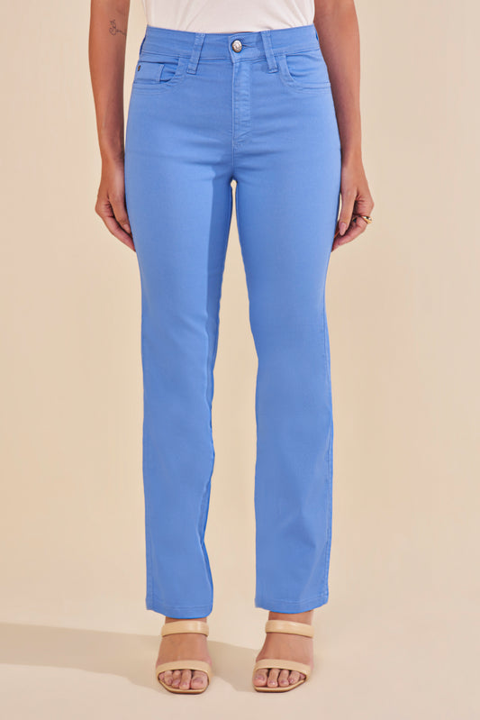 calça sarja color reta cintura intermediária básica